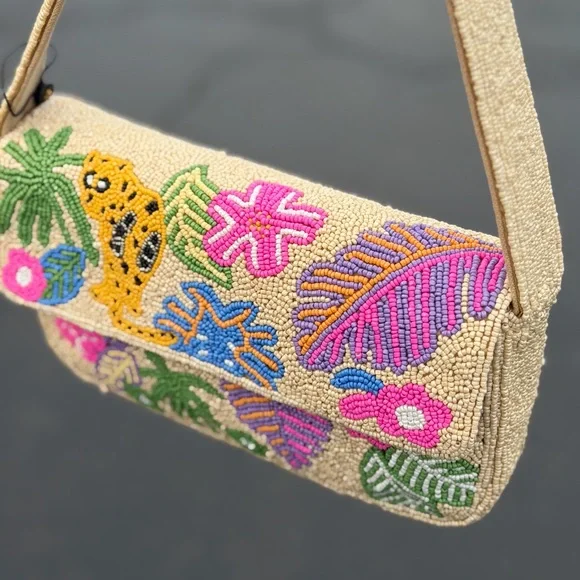 America & Beyond Beaded Jungle Queen Leopard Tropical Embellished Shoulder Bag - Picture 3 of 7